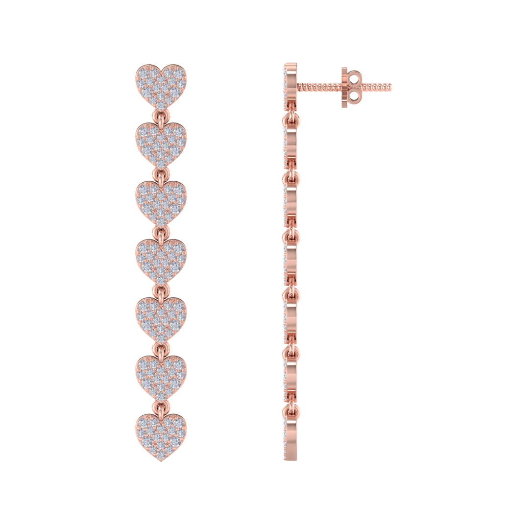 Dangle earrings with hearts in yellow gold with white diamonds of 1.78 ct in weight