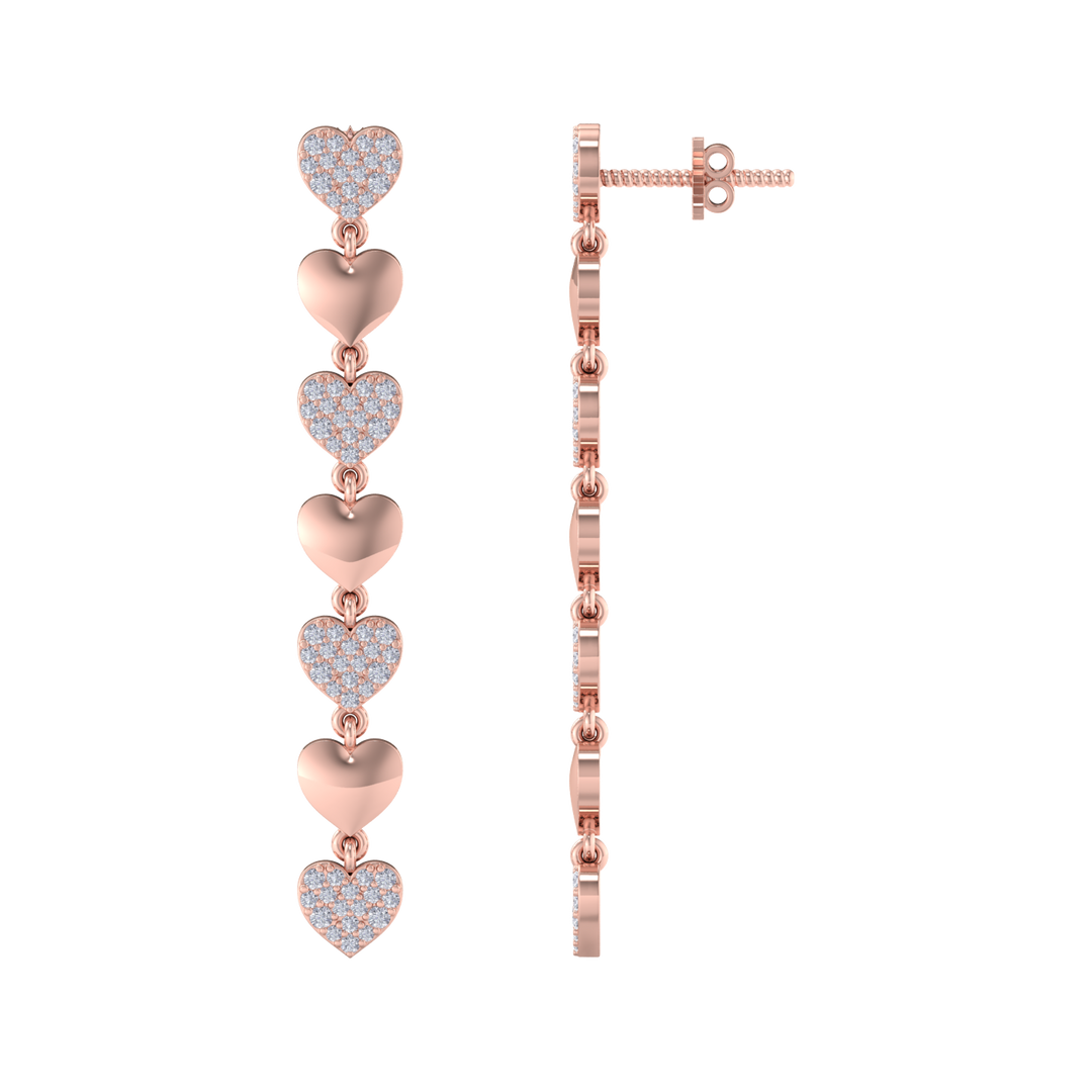 Dangle earrings with gold hearts in white gold with white diamonds of 1.01 ct in weight