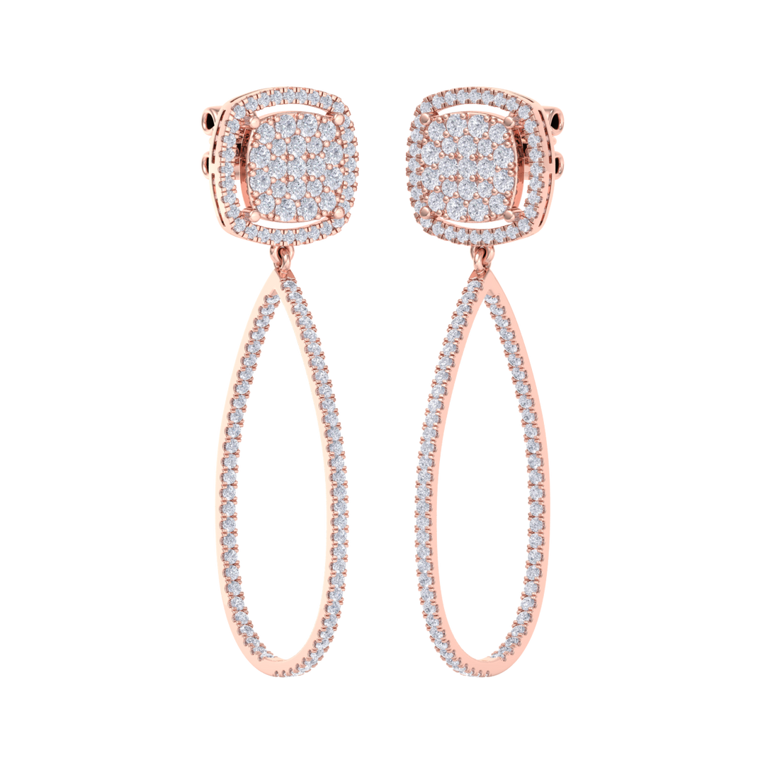 Dangle hoop earrings in rose gold with white diamonds of 1.30 ct in weight
