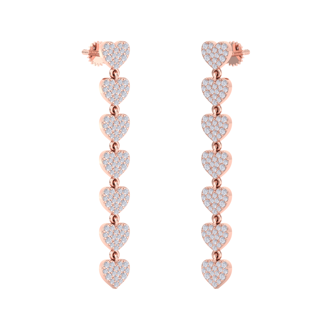 Dangle earrings with hearts in rose gold with white diamonds of 1.78 ct in weight