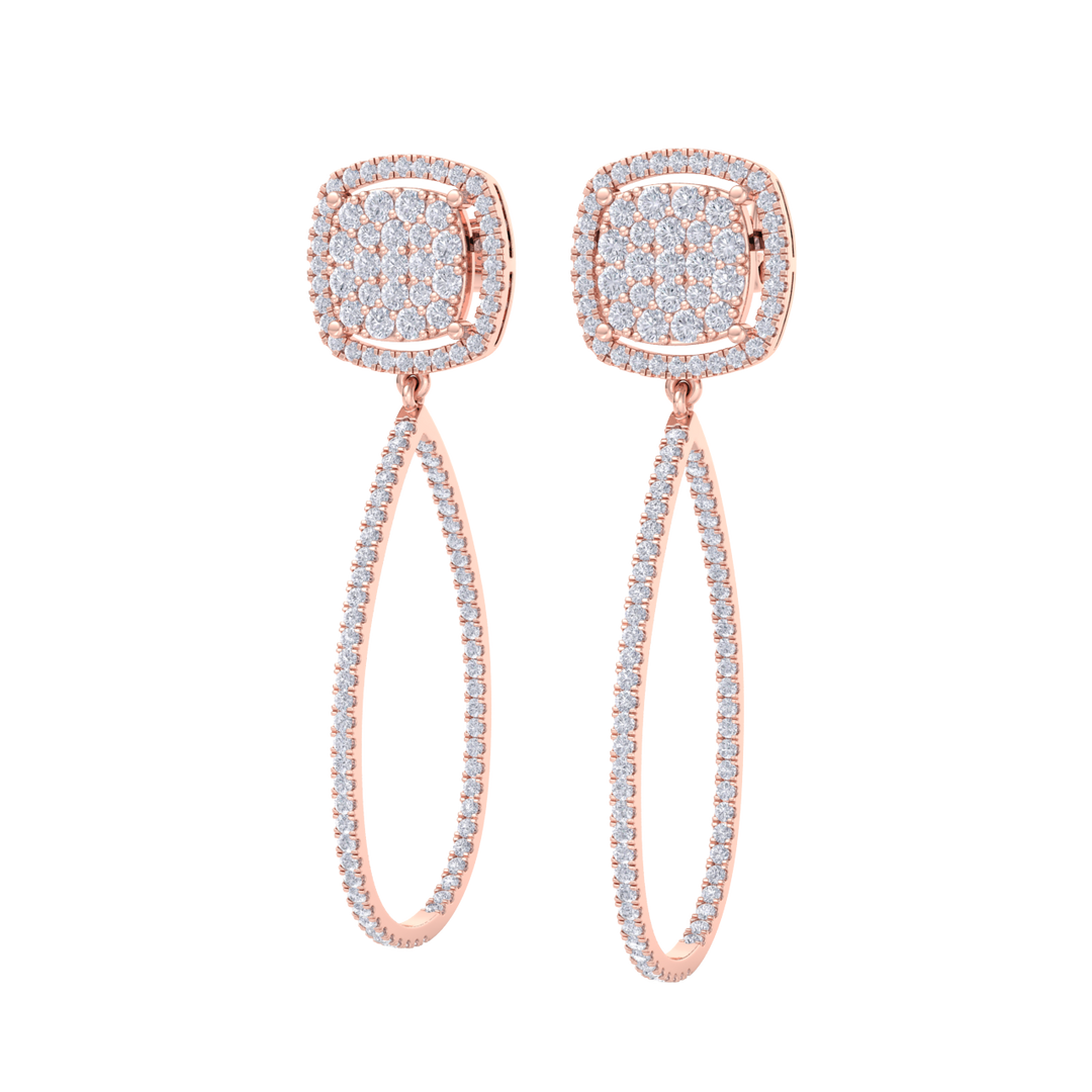 Dangle hoop earrings in rose gold with white diamonds of 1.30 ct in weight