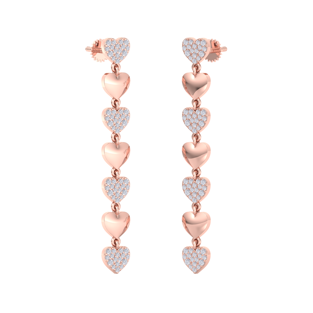 Dangle earrings with gold hearts in rose gold with white diamonds of 1.01 ct in weight