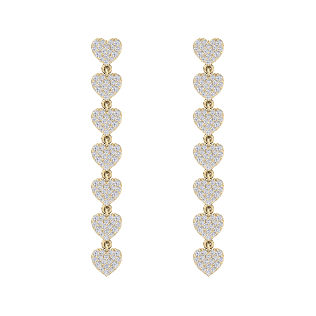 Dangle earrings with hearts in yellow gold with white diamonds of 1.78 ct in weight