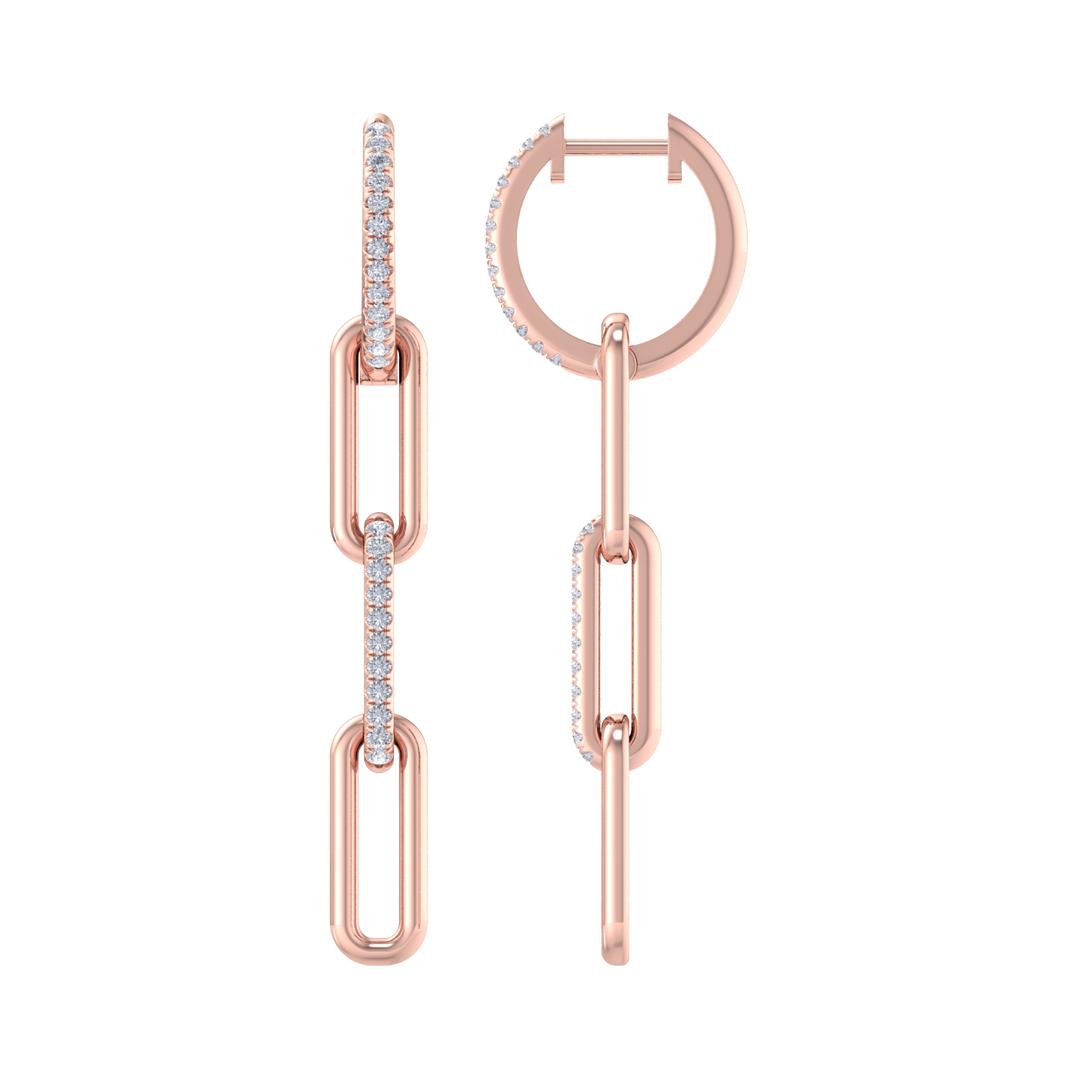 Long diamond chain link earrings in yellow gold with white diamonds of 0.34 ct in weight