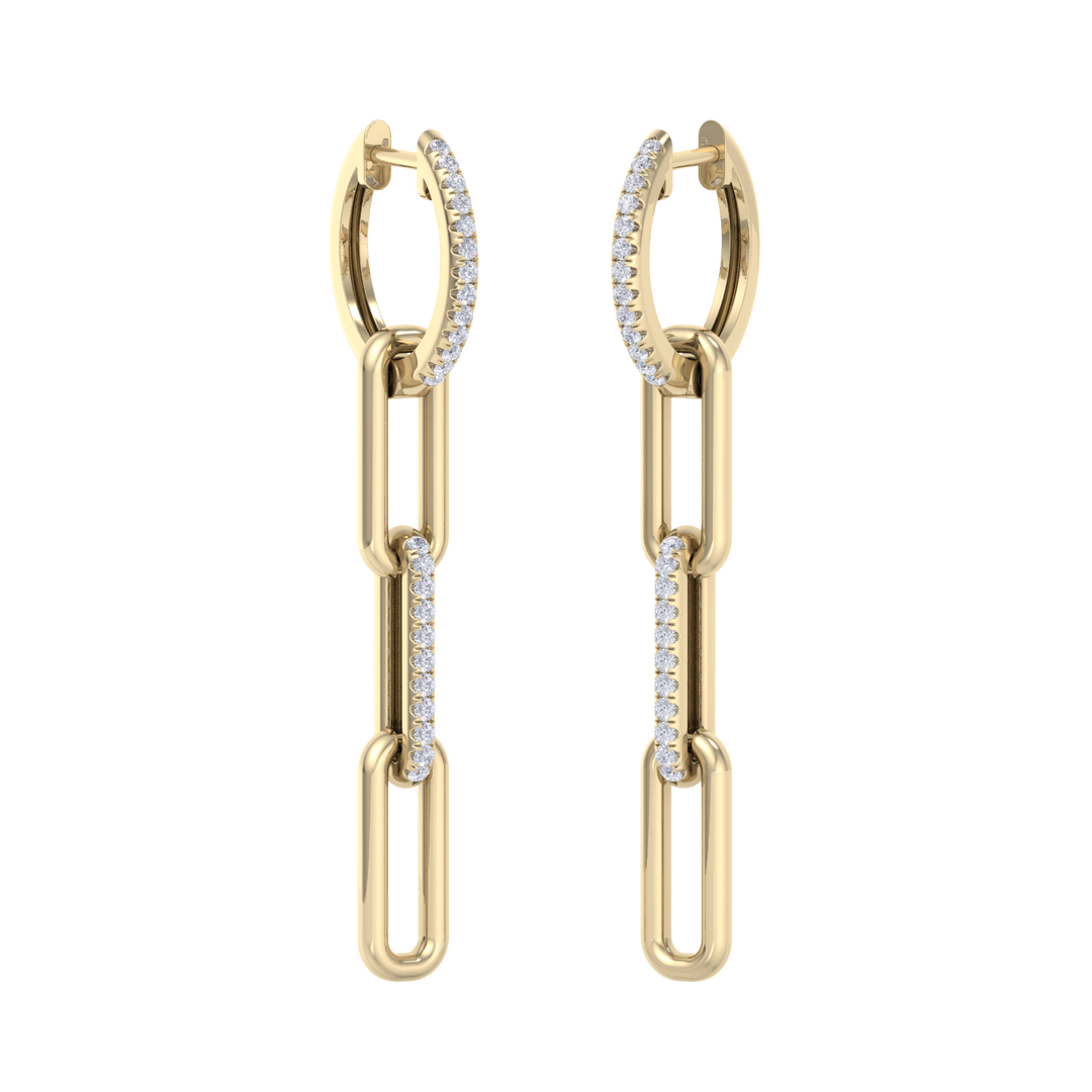 Long diamond chain link earrings in yellow gold with white diamonds of 0.34 ct in weight