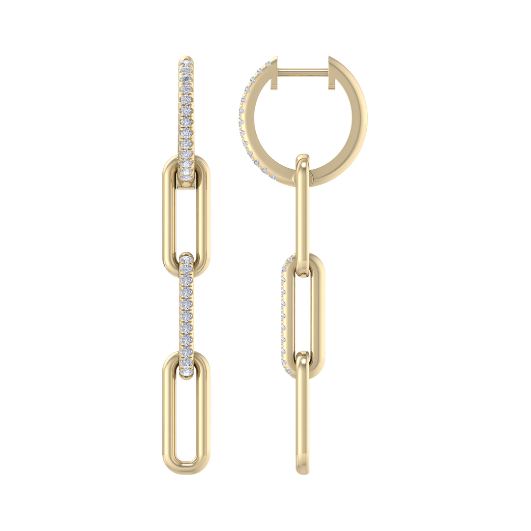 Long diamond chain link earrings in yellow gold with white diamonds of 0.34 ct in weight