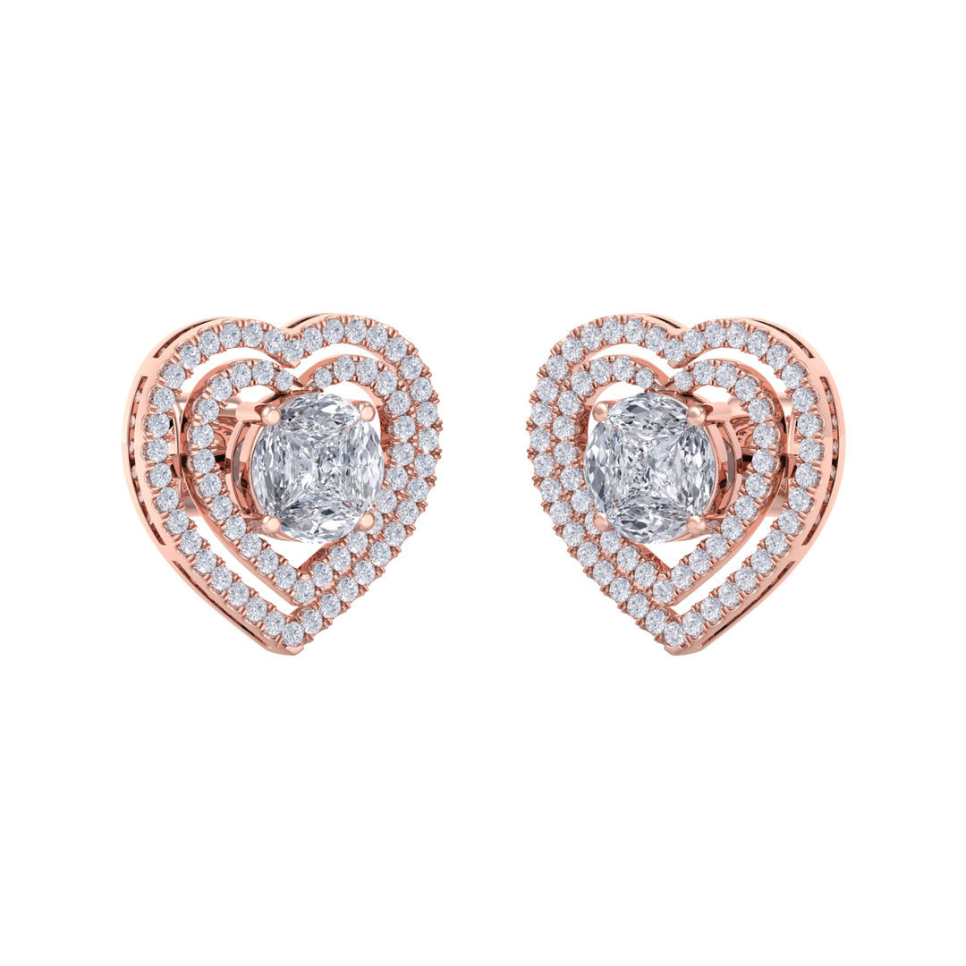 Heart earrings in rose gold with illusion white diamonds of 0.94 ct in weight