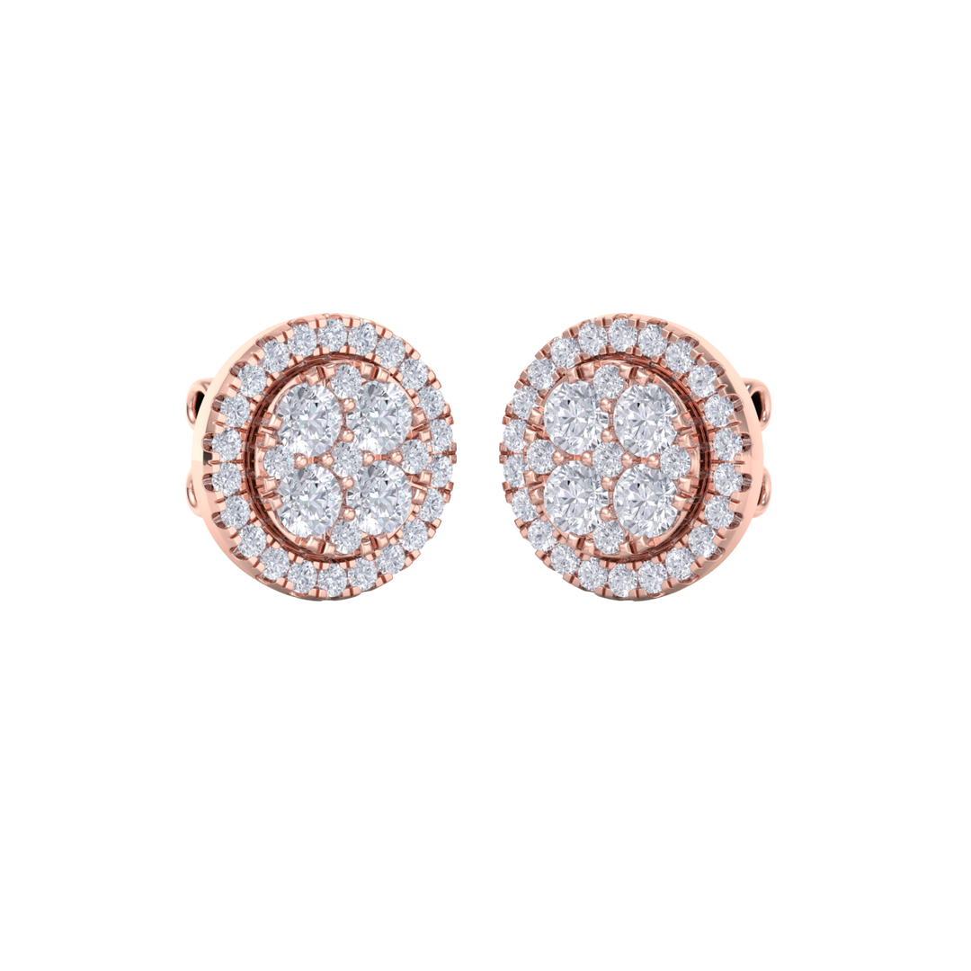 Round cluster stud earrings in rose gold with white diamonds of 0.98 ct in weight
