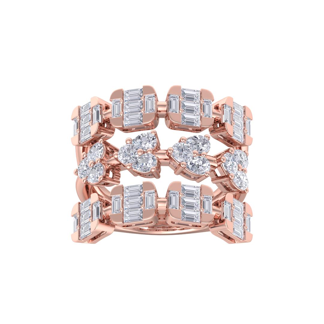 Triple band hearts ring in rose gold with white diamonds of 3.24 ct in weight