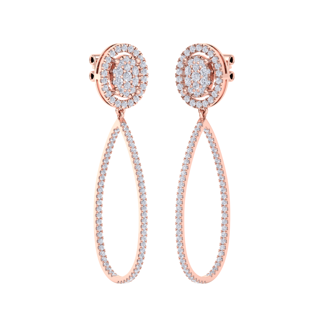 Dangle hoop earrings in rose gold with white diamonds of 1.75 ct in weight
