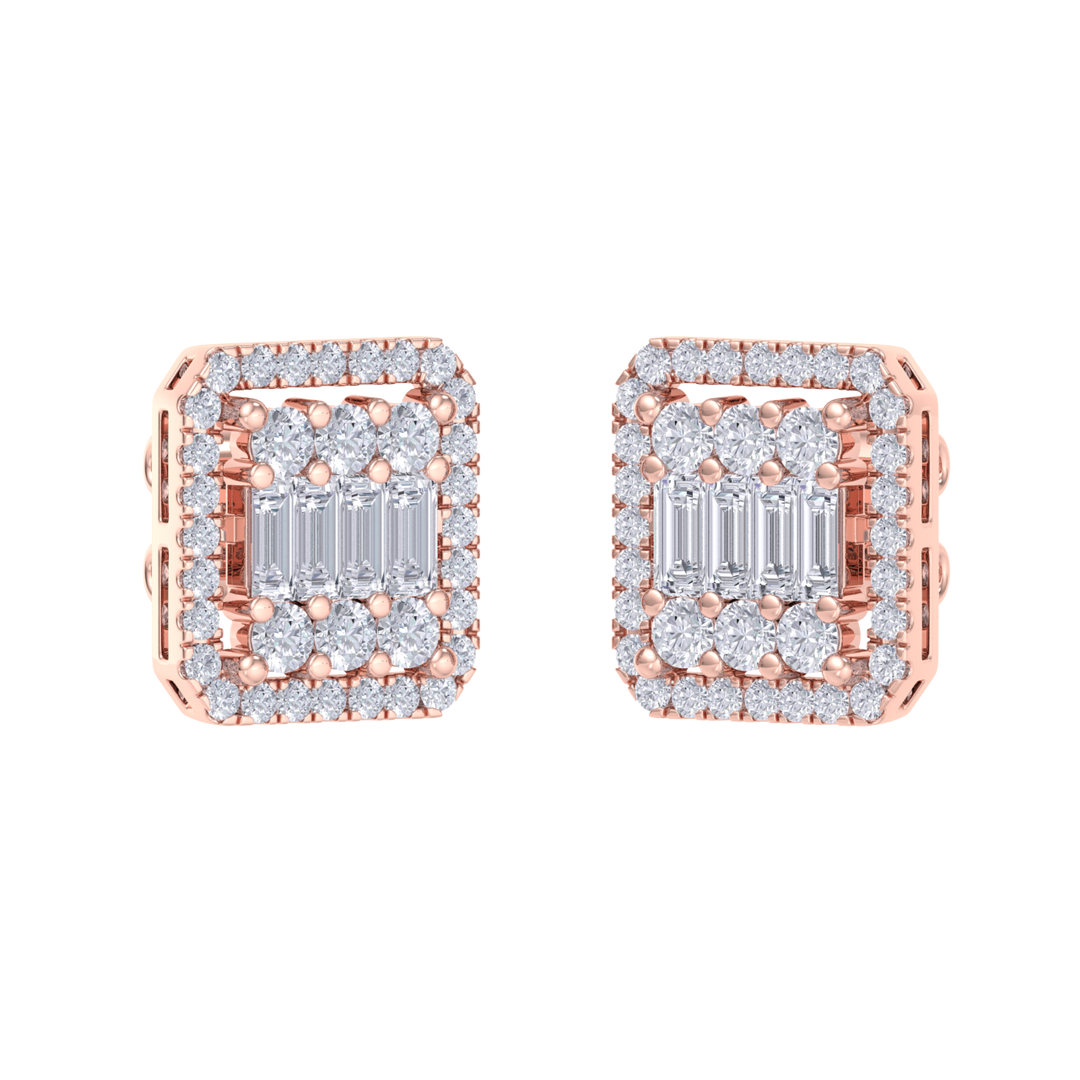 Square earrings in rose gold with baguette white diamonds of 0.89 ct in weight
