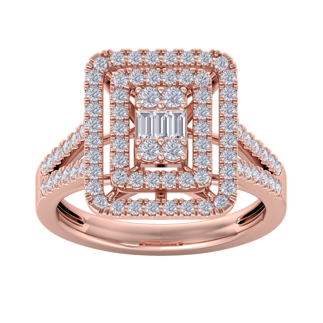 Square diamond ring with split shank in rose gold with white diamonds of 1.02 ct in weight
