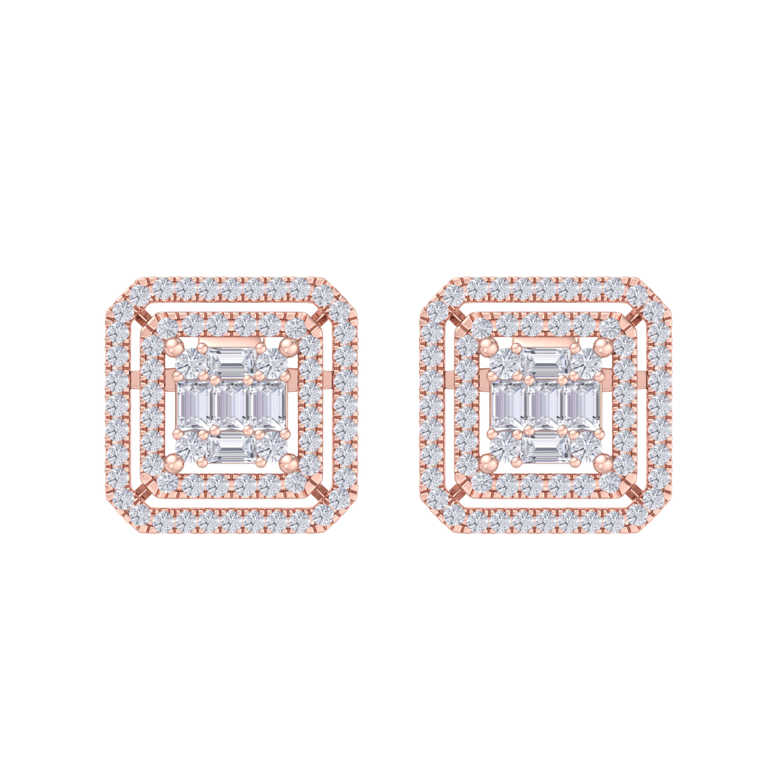 Square earrings in yellow gold with baguette white diamonds of 0.78 ct in weight