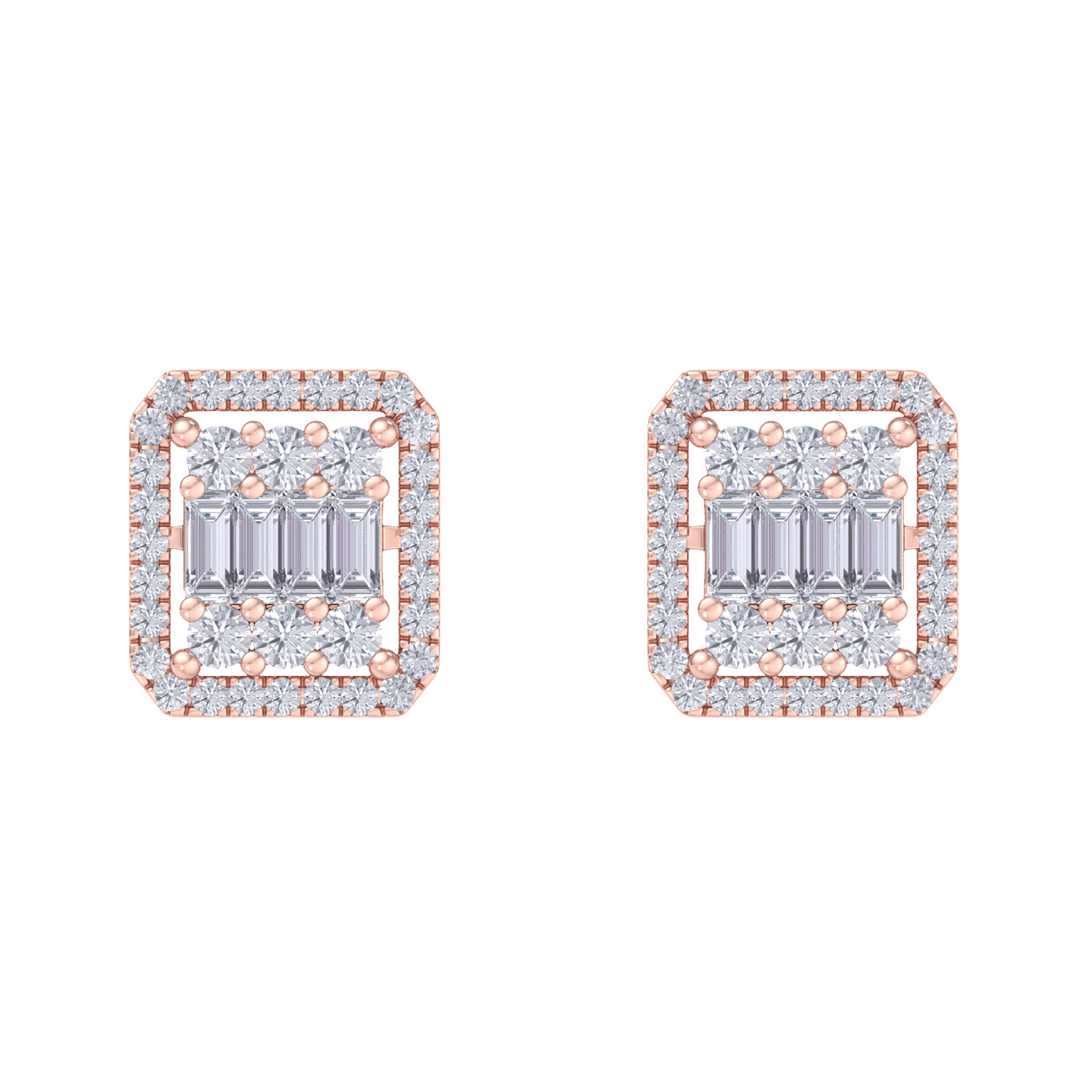 Square earrings in rose gold with baguette white diamonds of 0.89 ct in weight