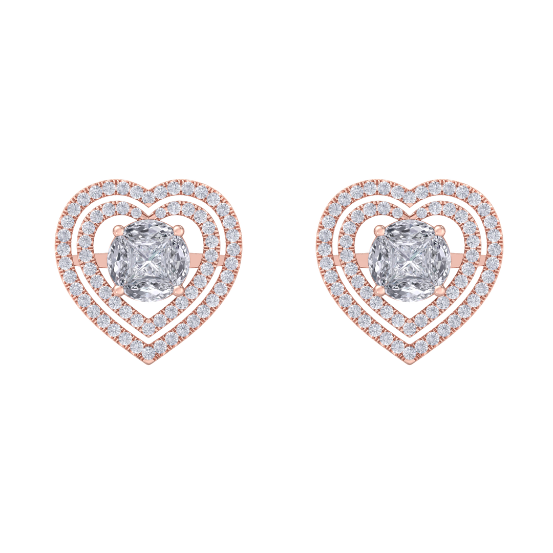 Heart earrings in rose gold with illusion white diamonds of 0.94 ct in weight