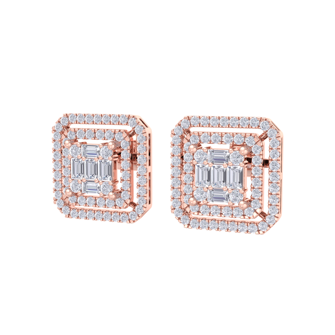 Square earrings in yellow gold with baguette white diamonds of 0.78 ct in weight