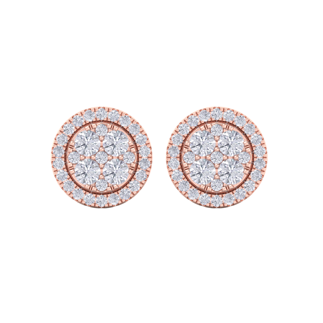 Round cluster stud earrings in yellow gold with white diamonds of 0.98 ct in weight