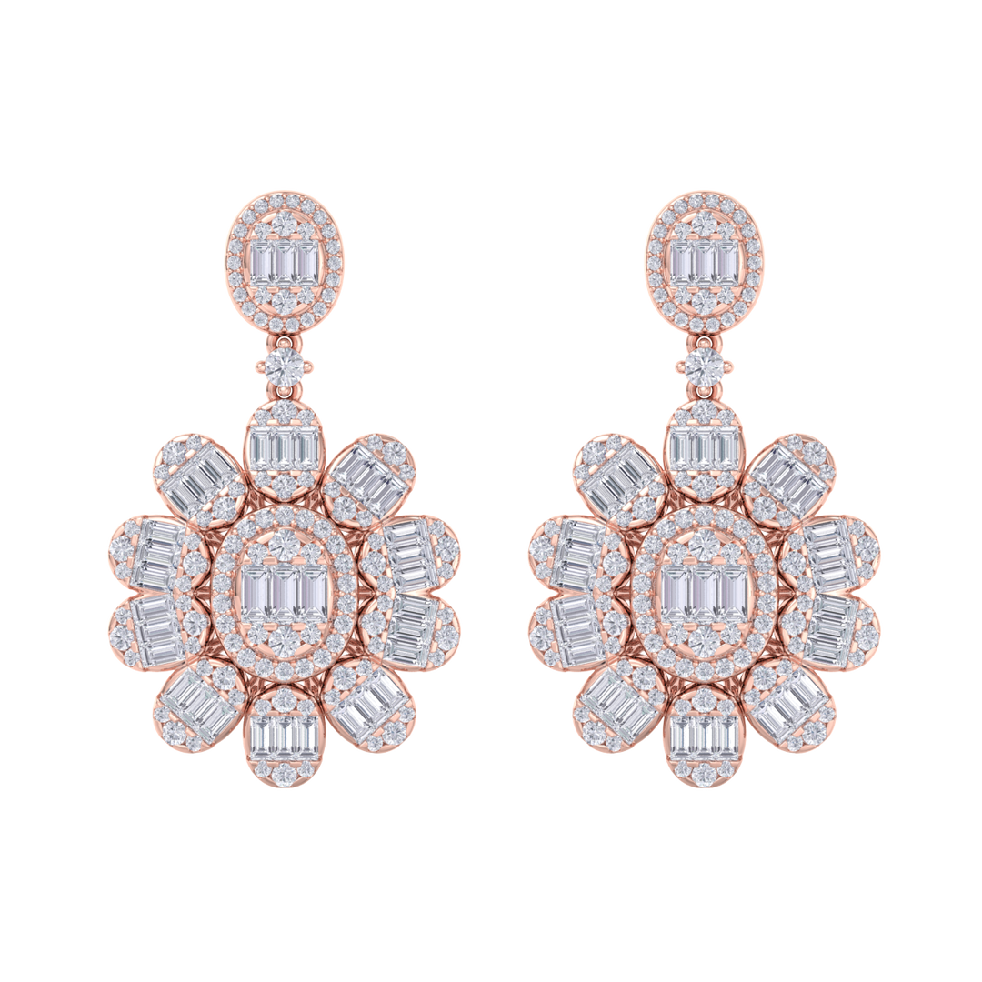 Formal chandelier earrings in rose gold with white diamonds of 4.12 ct in weight