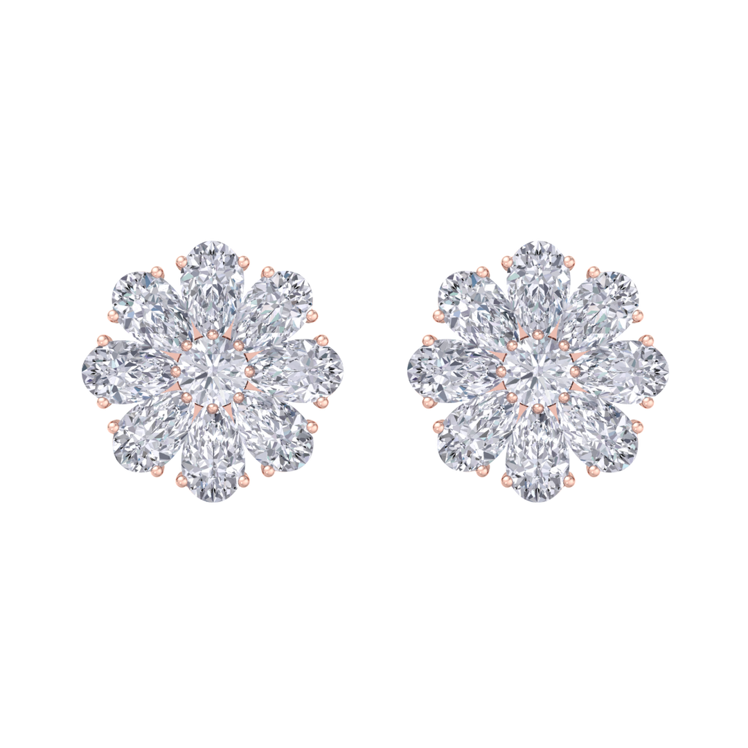 Flower stud earrings in rose gold with white diamonds of 6.18 ct in weight