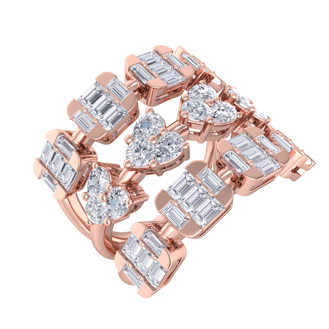 Triple band hearts ring in rose gold with white diamonds of 3.24 ct in weight