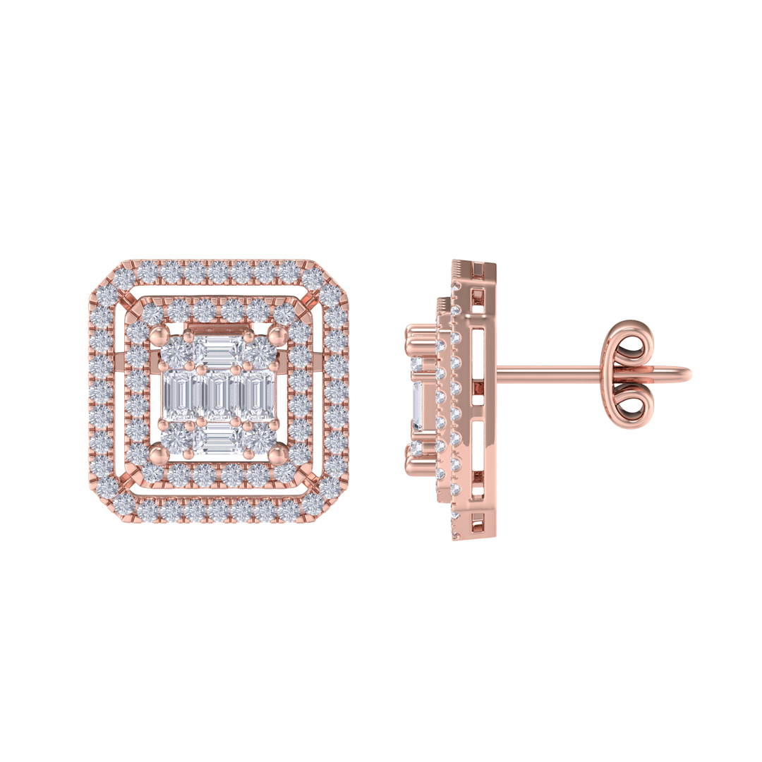 Square earrings in yellow gold with baguette white diamonds of 0.78 ct in weight