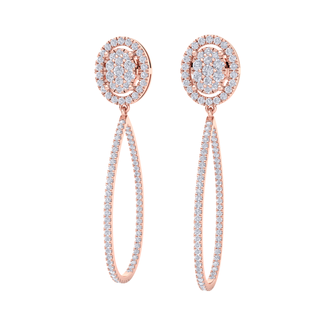 Dangle hoop earrings in rose gold with white diamonds of 1.75 ct in weight