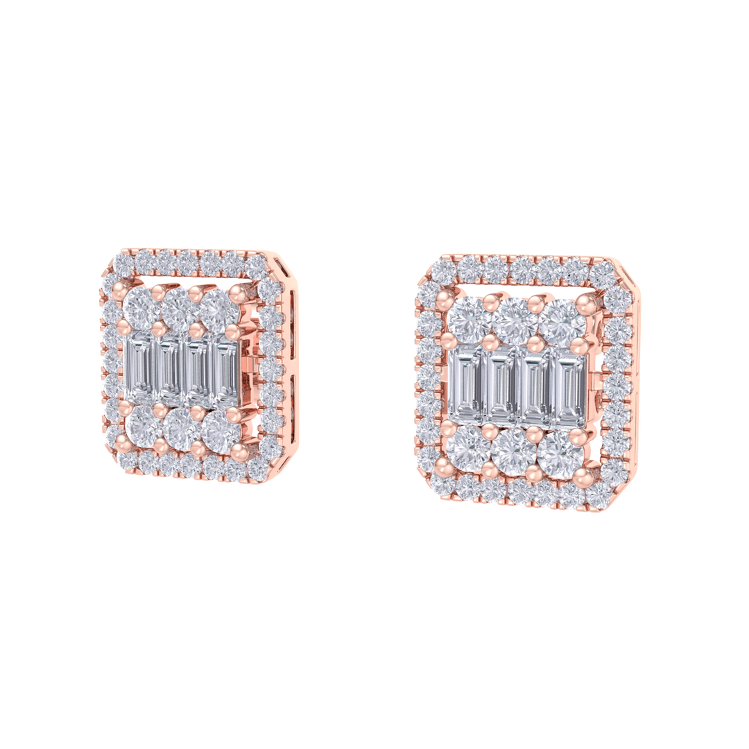 Square earrings in rose gold with baguette white diamonds of 0.89 ct in weight