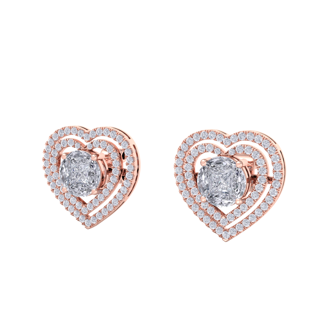 Heart earrings in rose gold with illusion white diamonds of 0.94 ct in weight