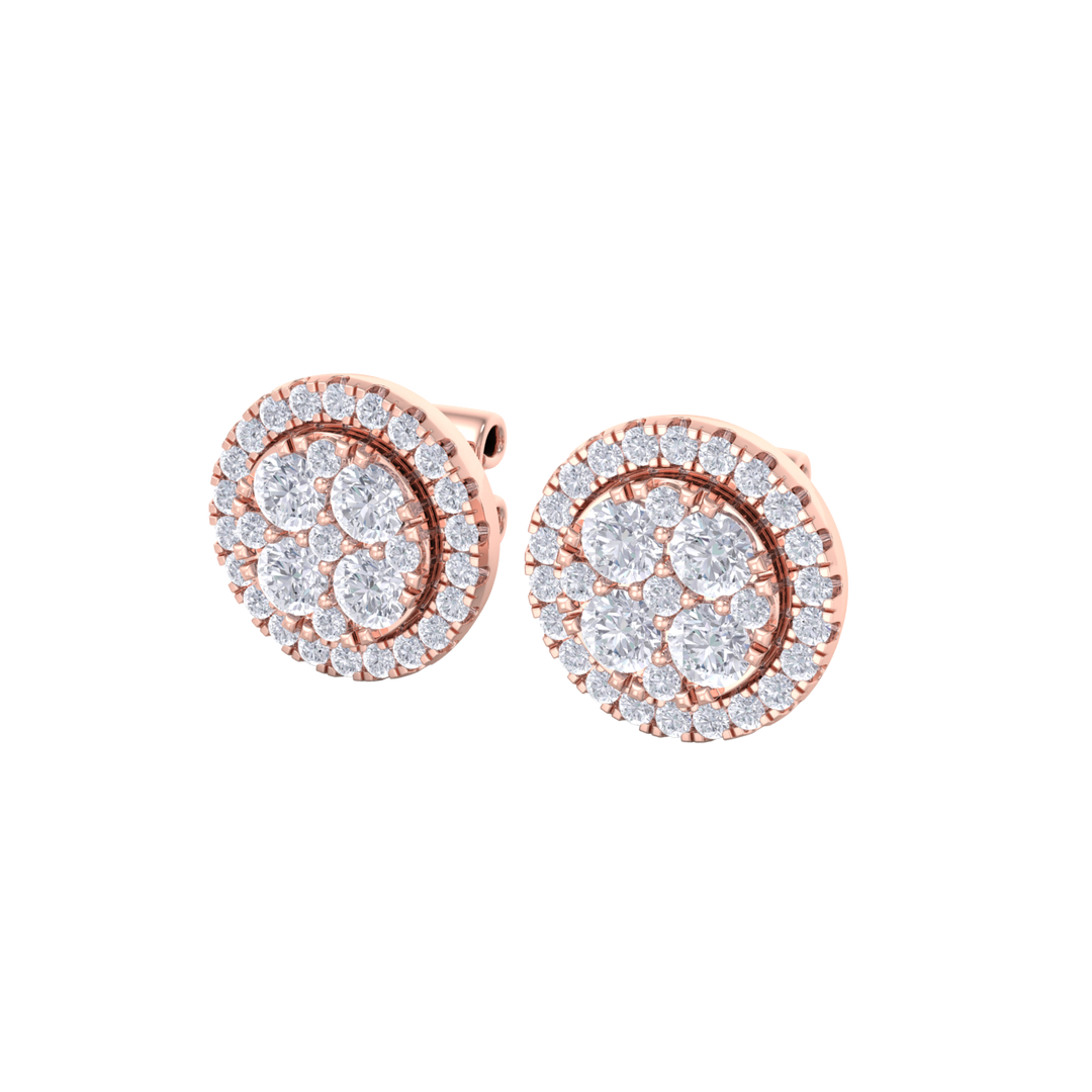 Round cluster stud earrings in yellow gold with white diamonds of 0.98 ct in weight