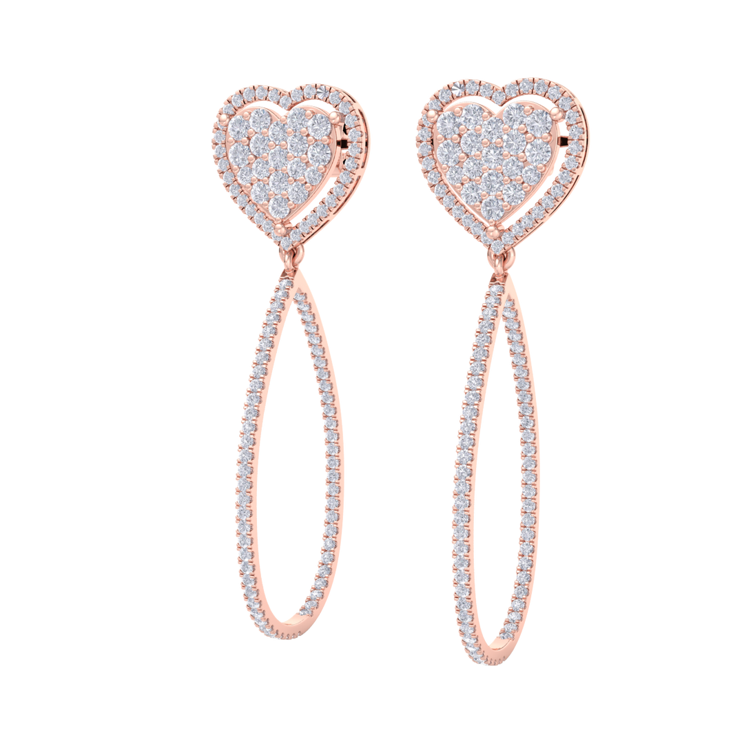 Dangle hoop earrings with hearts in white gold with white diamonds of 1.42 ct in weight