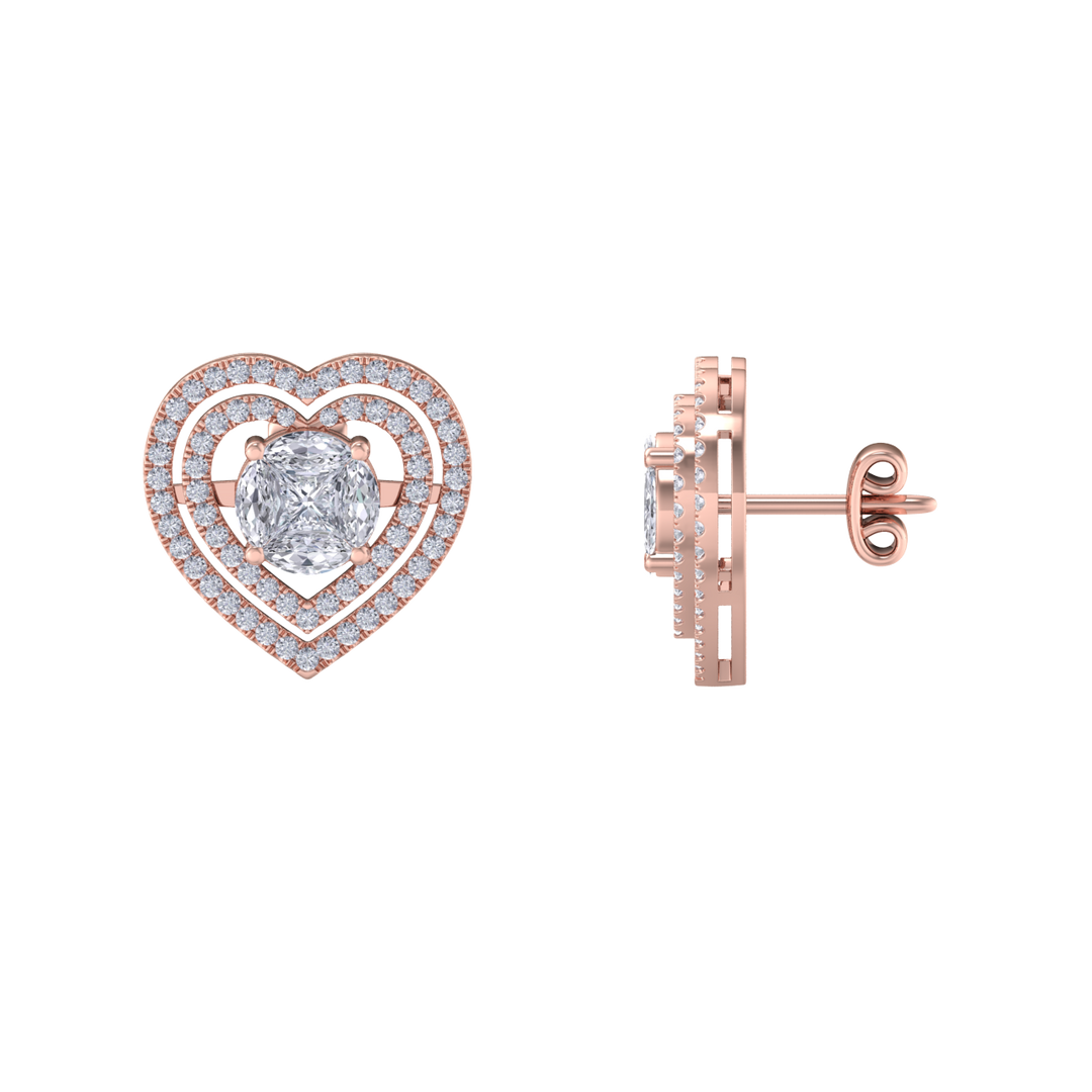 Heart earrings in rose gold with illusion white diamonds of 0.94 ct in weight