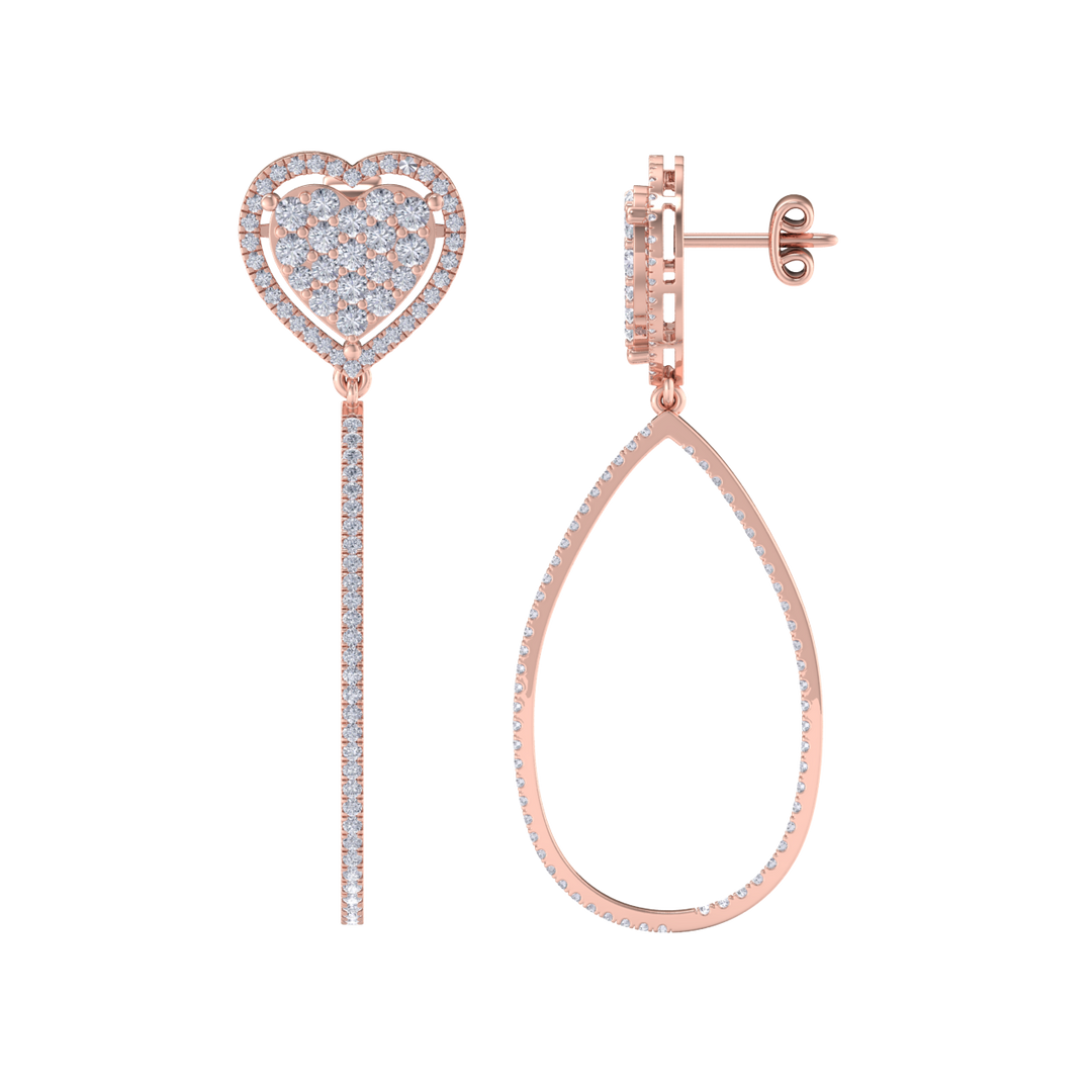 Dangle hoop earrings with hearts in white gold with white diamonds of 1.42 ct in weight