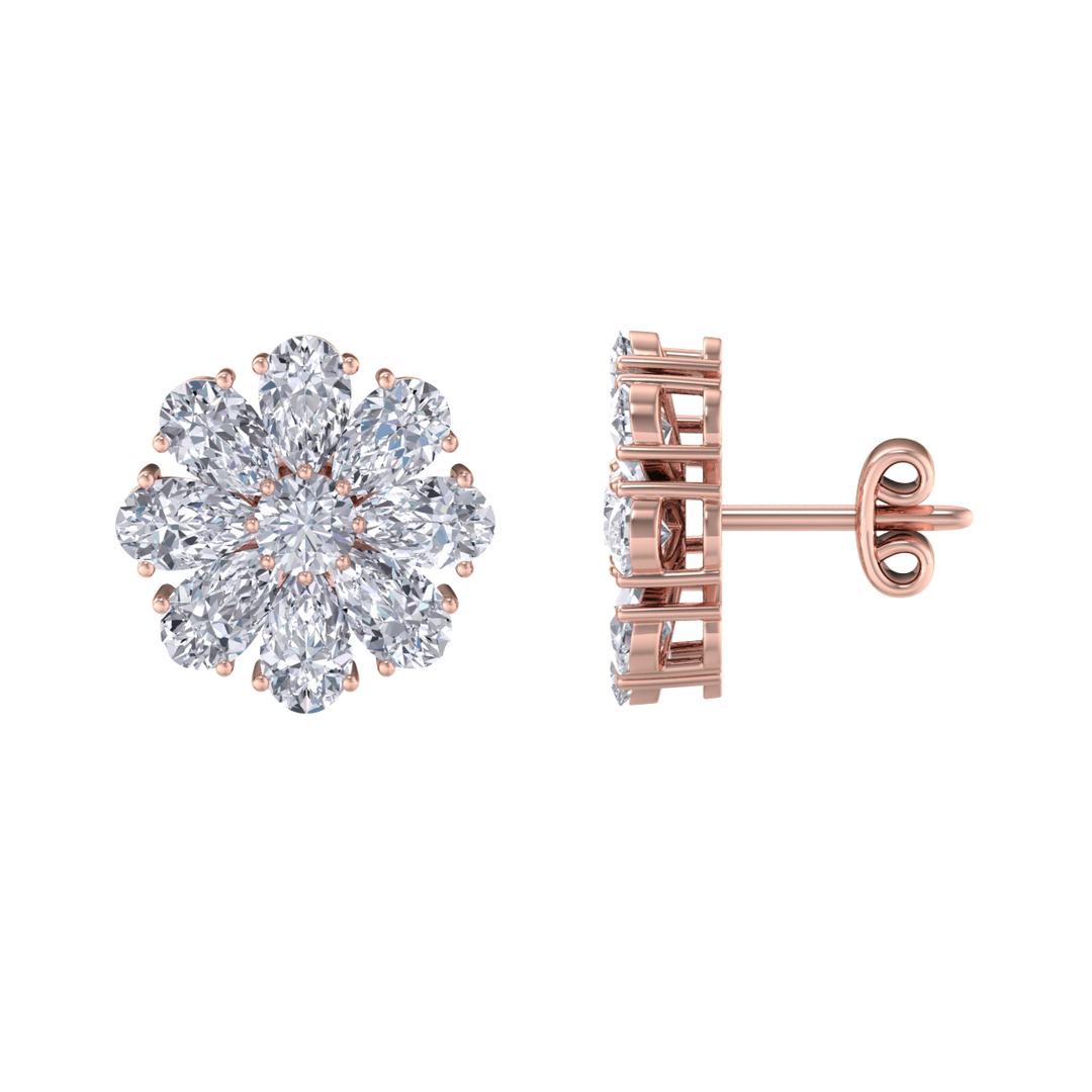 Flower stud earrings in rose gold with white diamonds of 6.18 ct in weight