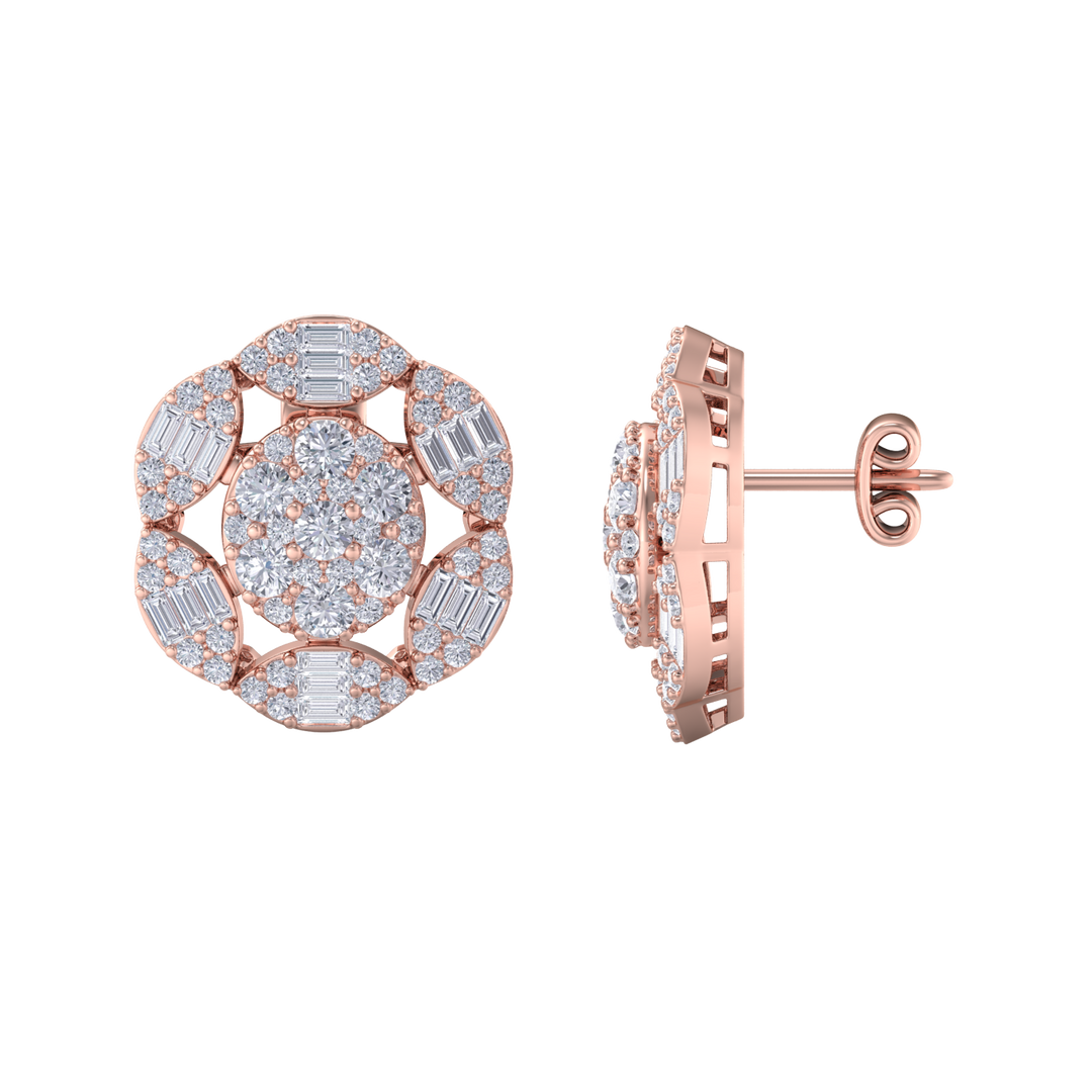 Flower stud earrings in yellow gold with white diamonds of 2.47 ct in weight