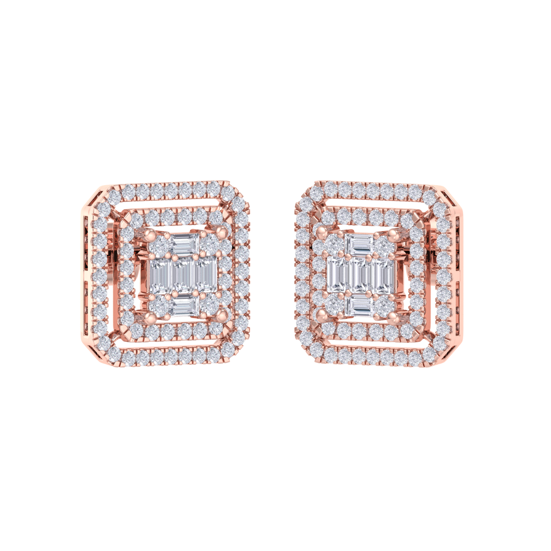 Square earrings in yellow gold with baguette white diamonds of 0.78 ct in weight