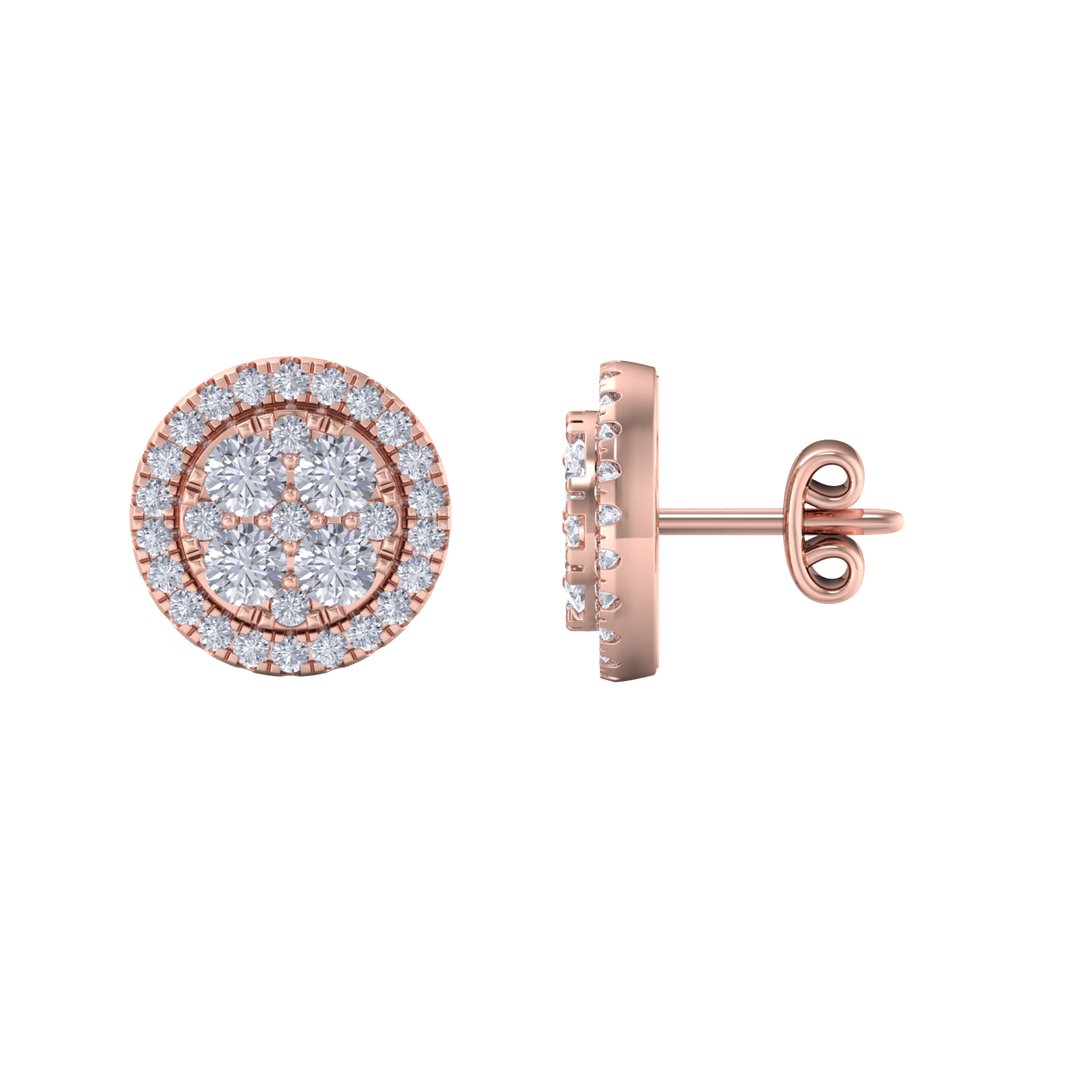 Round cluster stud earrings in rose gold with white diamonds of 0.98 ct in weight