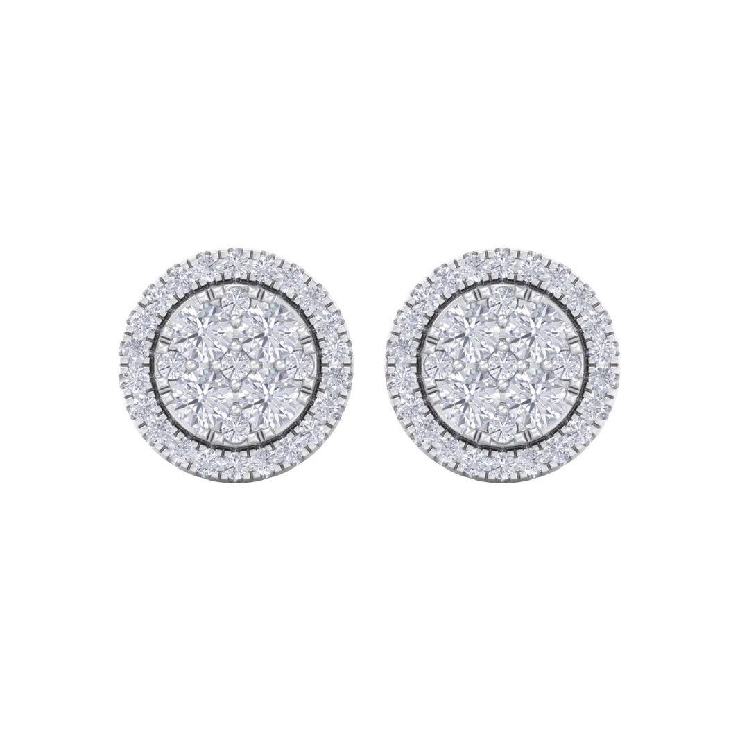 Round cluster stud earrings in yellow gold with white diamonds of 0.98 ct in weight