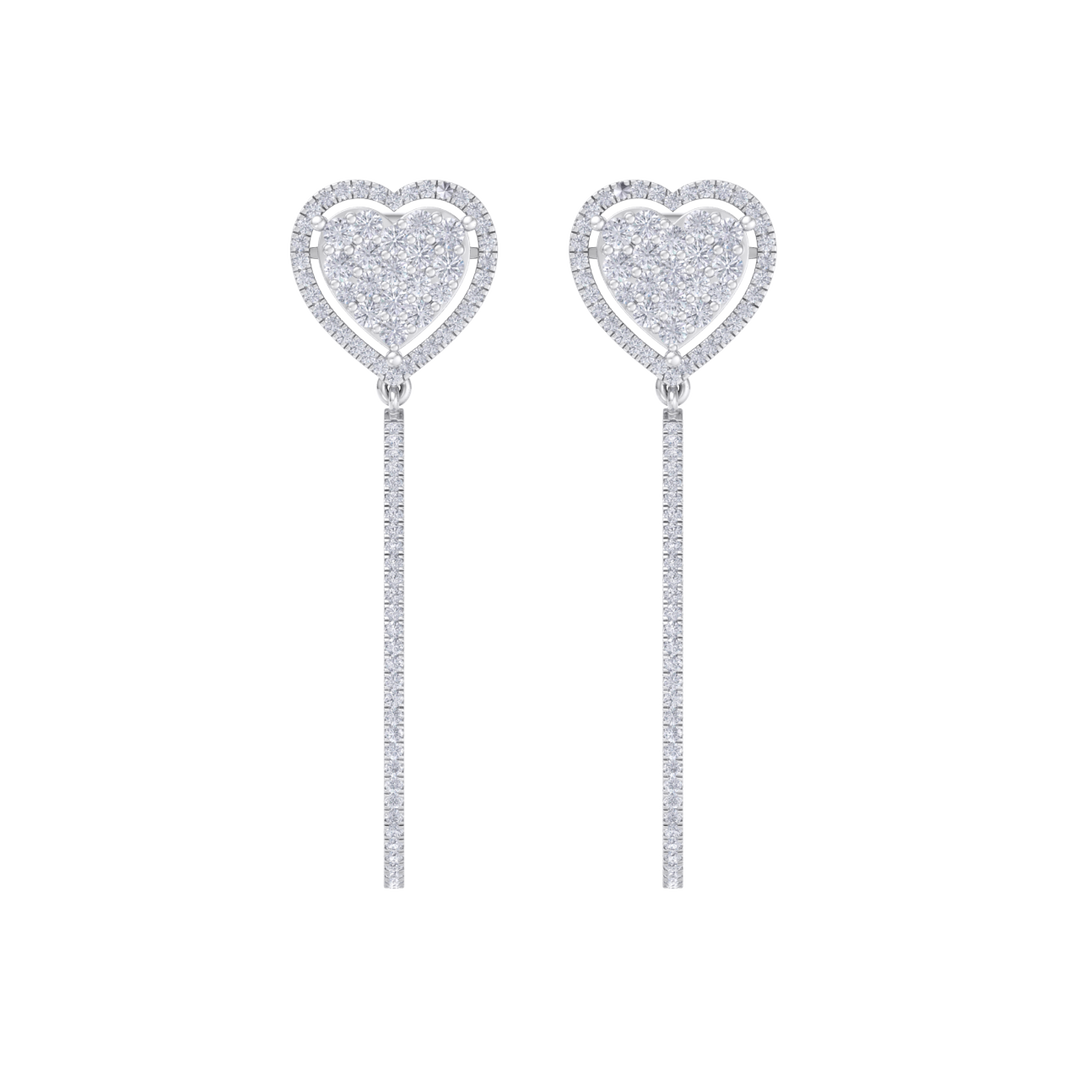Dangle hoop earrings with hearts in white gold with white diamonds of 1.42 ct in weight