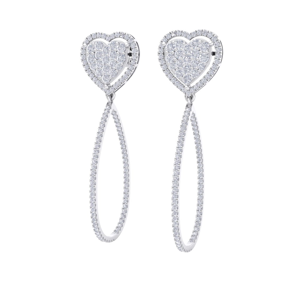 Dangle hoop earrings with hearts in white gold with white diamonds of 1.42 ct in weight