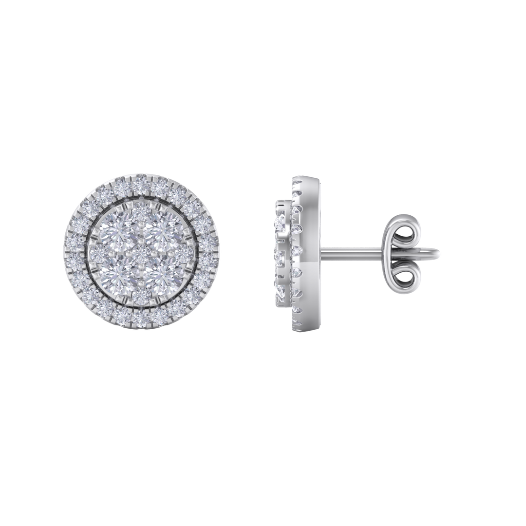 Round cluster stud earrings in yellow gold with white diamonds of 0.98 ct in weight