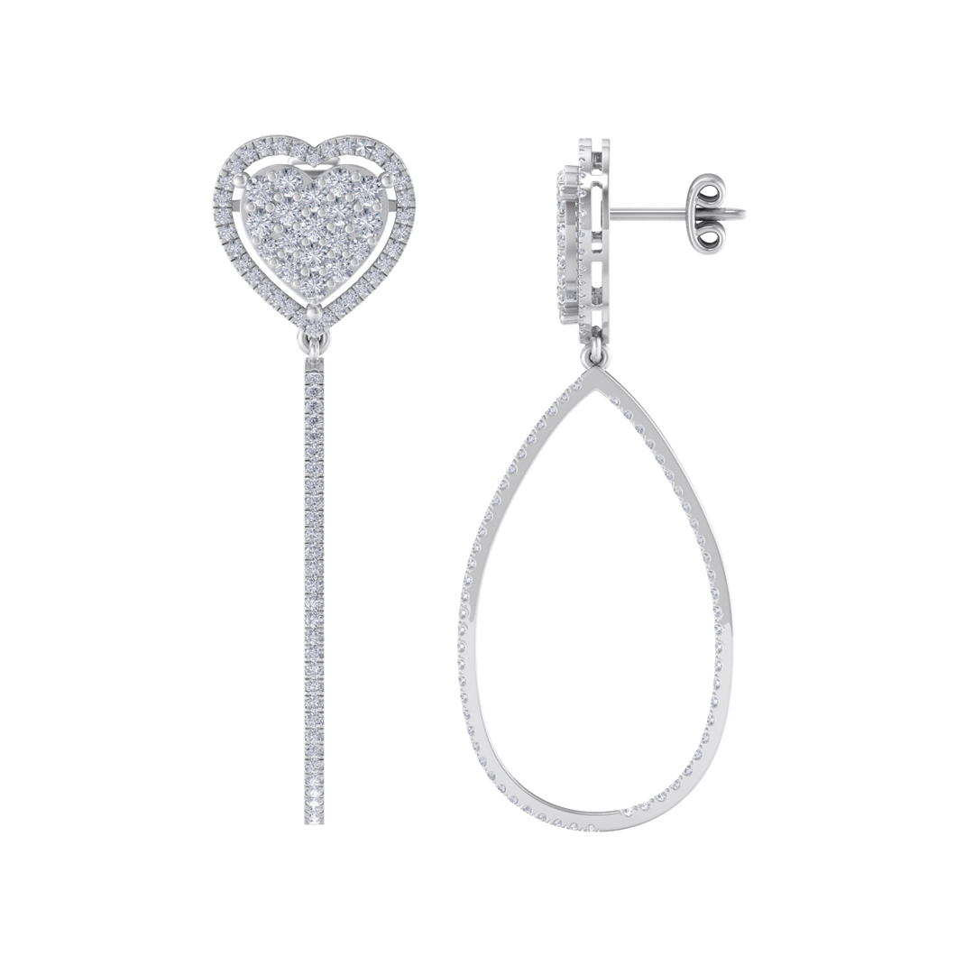 Dangle hoop earrings with hearts in white gold with white diamonds of 1.42 ct in weight