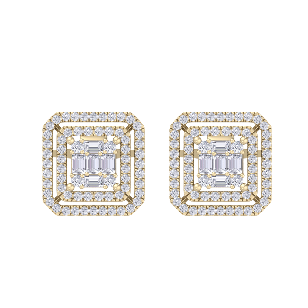Square earrings in yellow gold with baguette white diamonds of 0.78 ct in weight