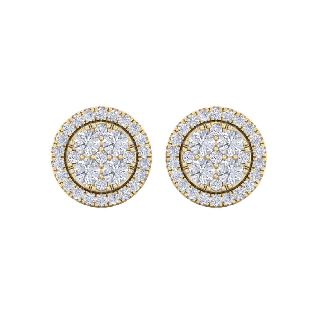 Round cluster stud earrings in yellow gold with white diamonds of 0.98 ct in weight