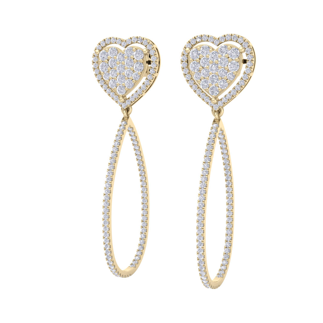 Dangle hoop earrings with hearts in white gold with white diamonds of 1.42 ct in weight