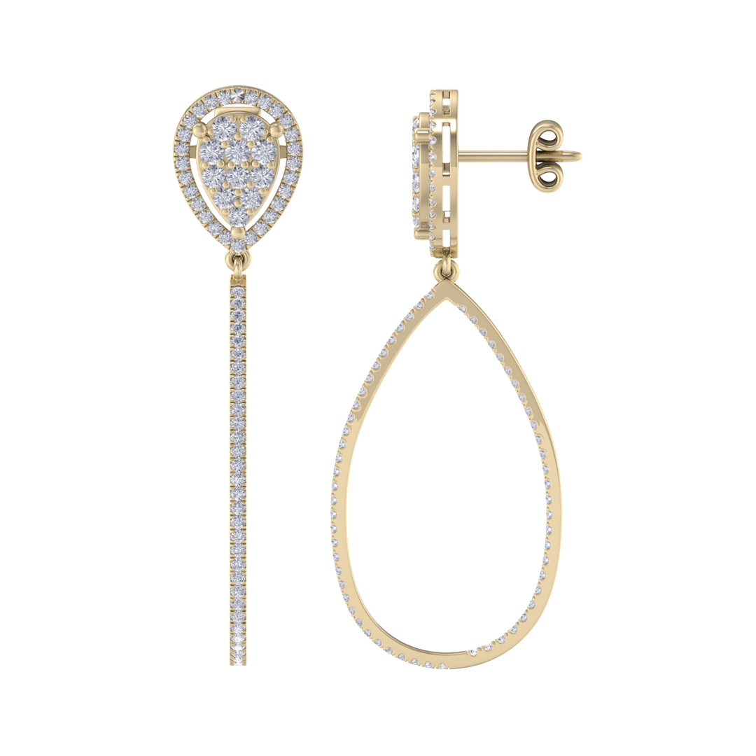 Dangle hoop earrings in yellow gold with white diamonds of 1.11 ct in weight