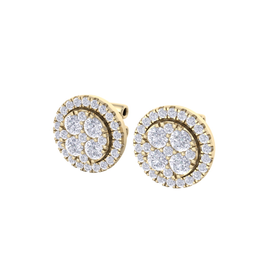 Round cluster stud earrings in yellow gold with white diamonds of 0.98 ct in weight
