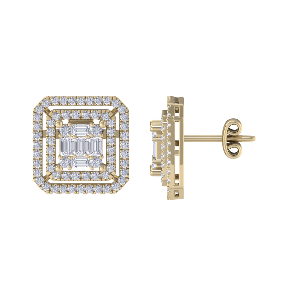 Square earrings in yellow gold with baguette white diamonds of 0.78 ct in weight