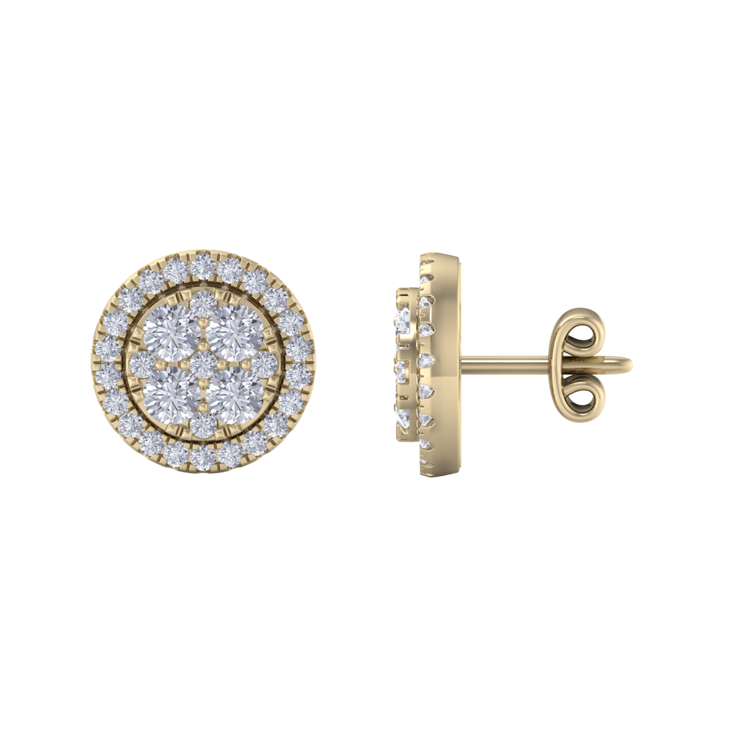 Round cluster stud earrings in yellow gold with white diamonds of 0.98 ct in weight