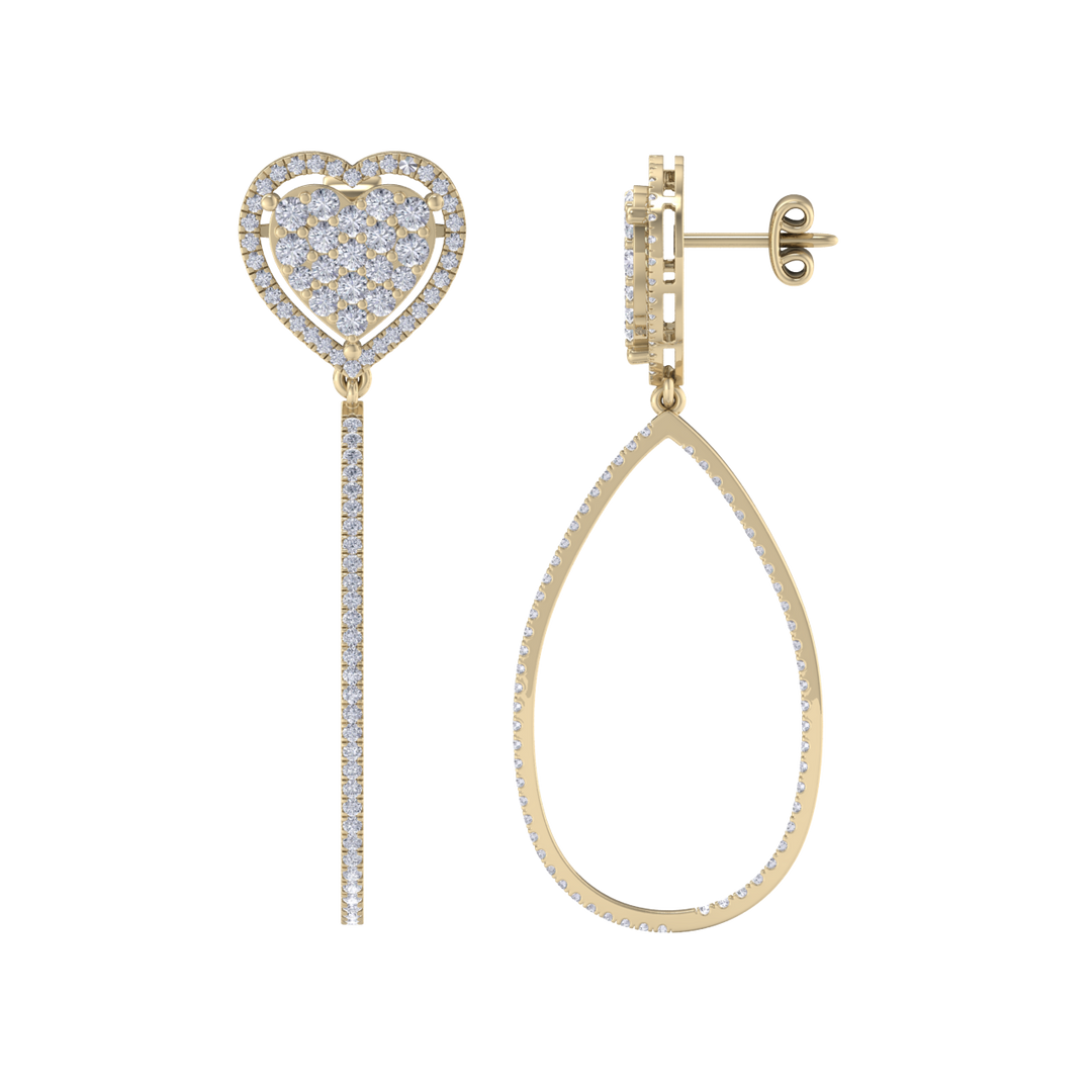 Dangle hoop earrings with hearts in white gold with white diamonds of 1.42 ct in weight